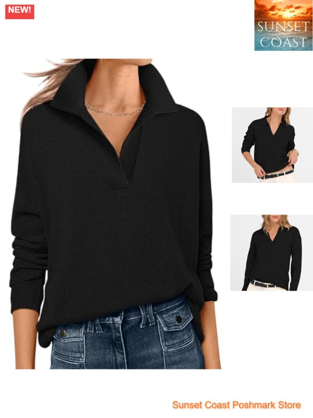 Women's Polo V Neck Lightweight Pullover Sweater Long Sleeve Fall Top